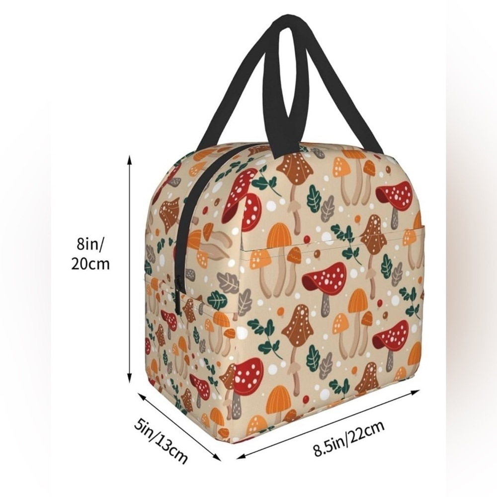 Insulated Lunch Picnic Bag Mushroom Print Red Beige Orange Lunchbox Cooler Tote - Picture 4 of 14